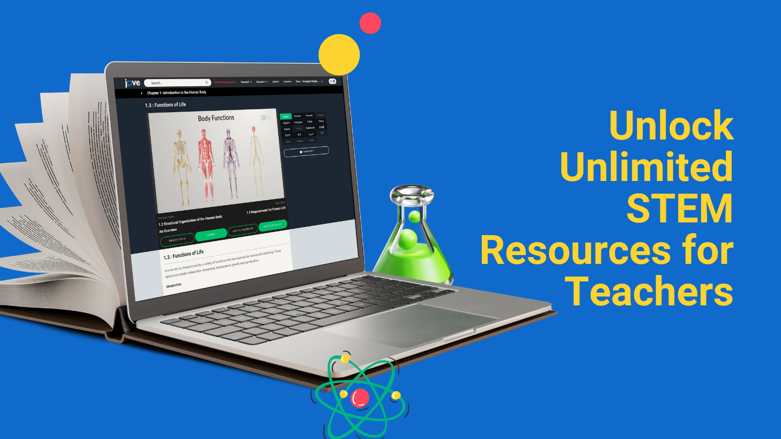 JoVE's Unlimited STEM Resources Offer for Teachers – Laptop with STEM Content Displayed and Lab Equipment Illustration